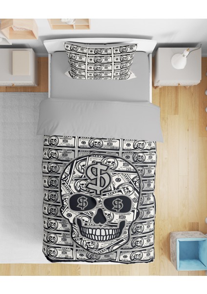 Dollar Kuru Kafa Scull 3D Dijital Baskılı Tek Kişilik Nevresim Takımı Dolar