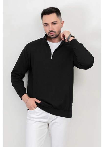 Erkek Siyah Renk Yarım Fermuarlı Diagonel Çelikli Sweat - 5470