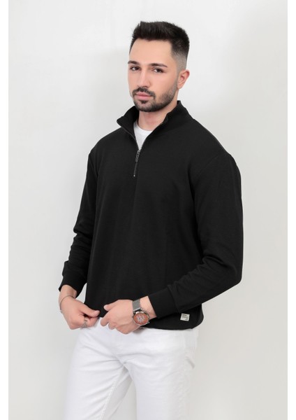 Erkek Siyah Renk Yarım Fermuarlı Diagonel Çelikli Sweat - 5470 fırsatları