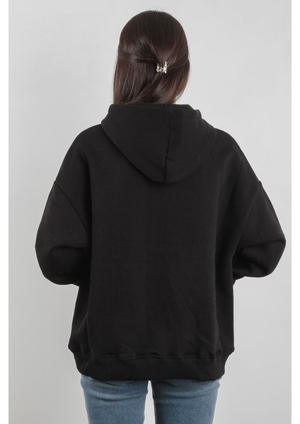 Oversize Kadın Kapüşonlu Sweatshirt Yarım Çıtçıt Kapama Kanguru Cep Siyah Hoodie - 2591