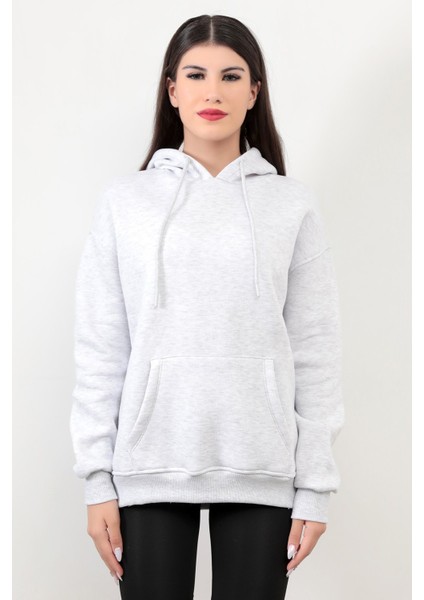 Kadın Kapüşonlu Oversize Sweatshirt Üç İplik Kanguru Cepli Kar Melanj Hoodie - 2502