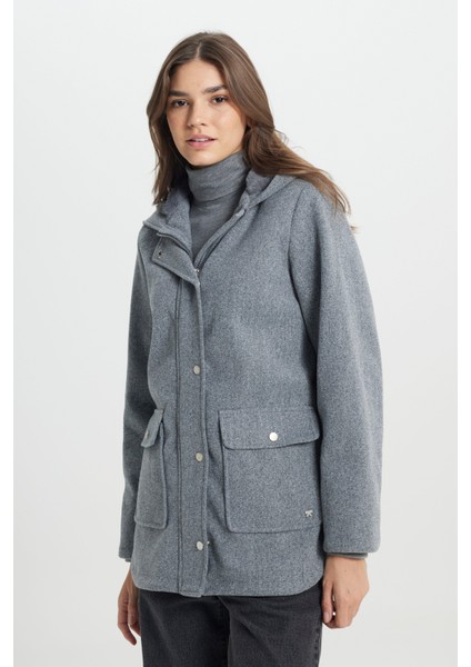 Regular Fit Normal Kesim Kapüşonlu Gri Parka Ceket