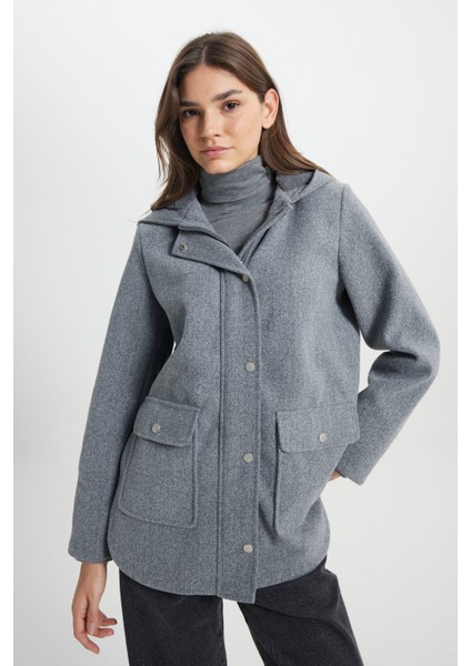 Regular Fit Normal Kesim Kapüşonlu Gri Parka Ceket