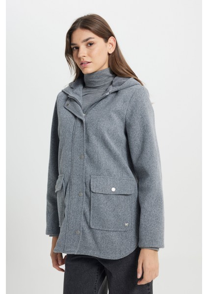 Regular Fit Normal Kesim Kapüşonlu Gri Parka Ceket