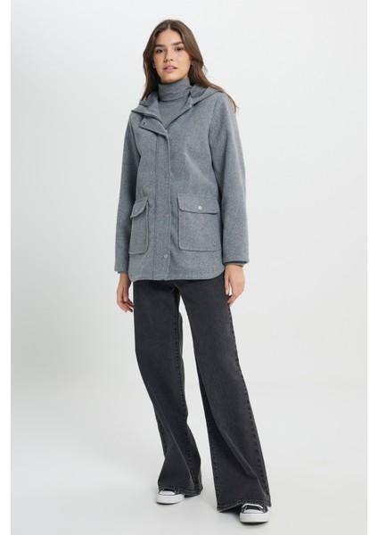 Regular Fit Normal Kesim Kapüşonlu Gri Parka Ceket