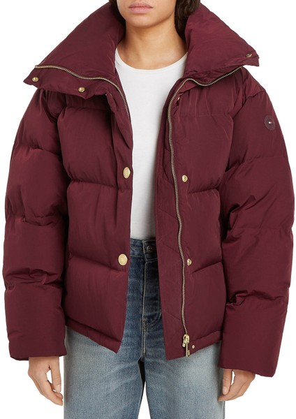 Bordo Kadın Şişme Mont Gold Button Down Jacket