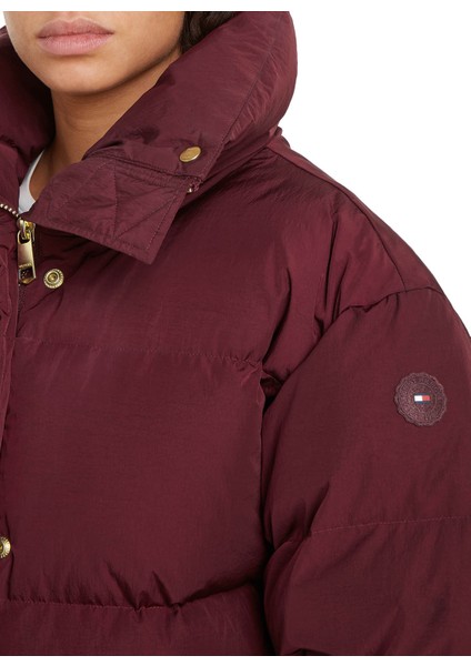 Bordo Kadın Şişme Mont Gold Button Down Jacket