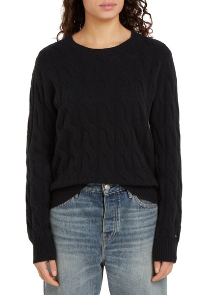 Yuvarlak Yaka Standart Desenli Siyah Kazak Kadın Soft Yün Cable C-Nk