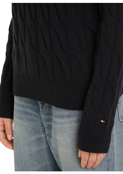 Yuvarlak Yaka Standart Desenli Siyah Kazak Kadın Soft Yün Cable C-Nk fiyatları