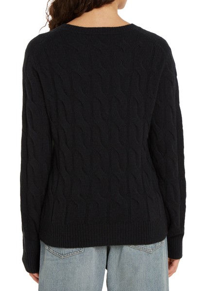 Yuvarlak Yaka Standart Desenli Siyah Kazak Kadın Soft Yün Cable C-Nk fırsatları