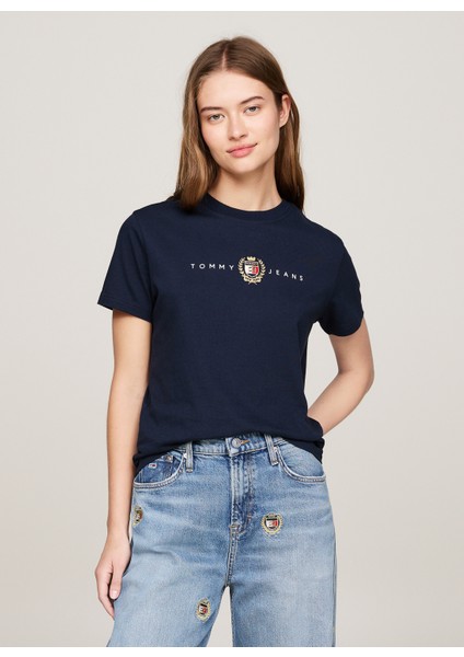 Tommy Jeans Yuvarlak Yaka Nakışlı Lacivert Kadın T-Shirt Tjw Reg Crest Lınear Tee Ext