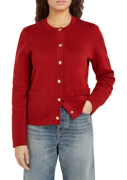 Yuvarlak Yaka Standart Çizgili Kırmızı Kazak Kadın Co Jersey Stch Reversıble Cardı