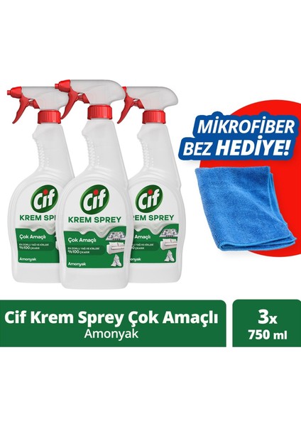 Krem Sprey Amonyak Yüzey Temizleyici 750 ml x3 + Mikrofiber Bez Hediye x1