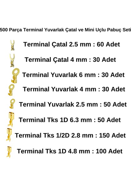 500 Parça Terminal Yuvarlak Çatal ve Mini Uçlu Pabuç Seti