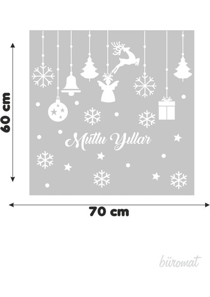 Mutlu Yıllar Yazısı Kar Taneleri Ve Kutular Balonlar Vitrin,Cam Stickerları 60X70 Cm