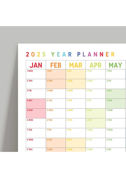 2025 Yıllık Planlayıcı Duvar Takvimi, Gökkuşağı Renkleri, Rainbow, Dikey