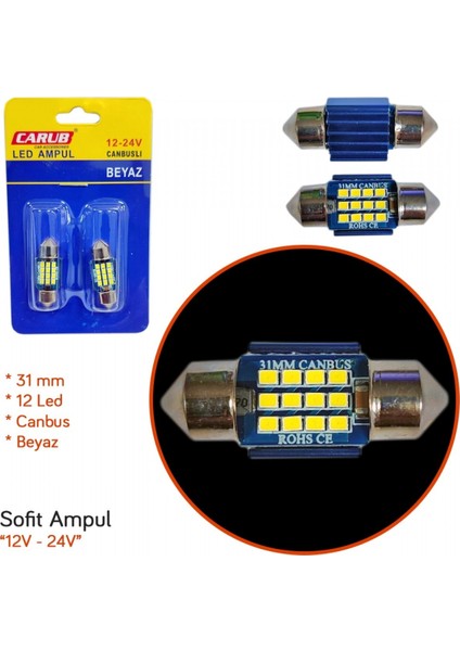 12V-24V Sofit Ampul 31Mm 12 Led Canbus Metal Beyaz Br0402244