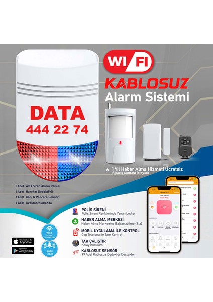 Data Dt-12 Wifi Kablosuz Siren Alarm Sistemi Mobil Uygulamalı