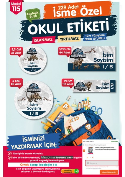 Okul Etiketi Jurrasic World Temalı Kalem Defter Etiketi Özel Isim Yazılabilen Etiket Seti - Isim ETIKETI-T1033-OE115