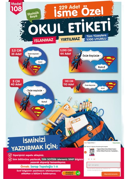 Okul Etiketi Süpermen Temalı Kalem Defter Etiketi T1021 OE108