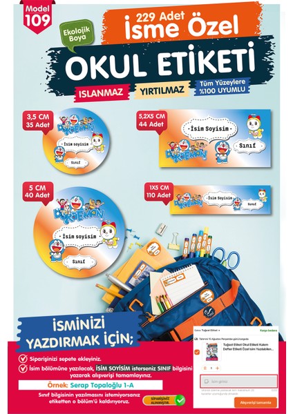 Okul Etiketi Doraemon Temalı Kalem Defter Etiketi 109