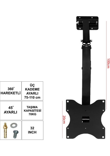 LCD Askı Aparatı Tavan Hareketli 32-40 Inch 82-102CM Ufix UF-32KT