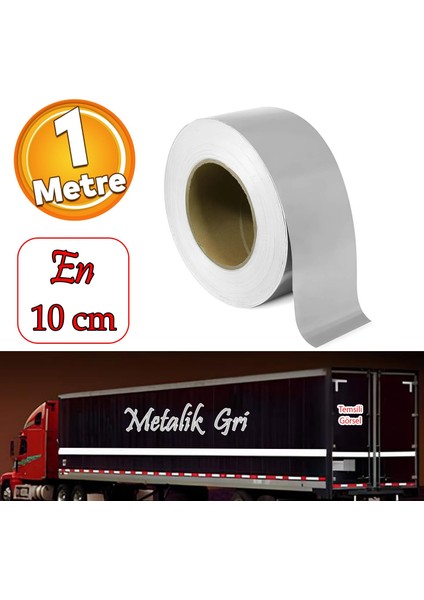 Metalize Gri Renk Düz Desensiz En 10 Cm 1 Mt Ikaz Bandı Reflektif Gece Parlayan Reflektörlü Bant