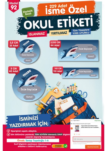Okul Etiketi Kalem Defter Etiketi Özel Isim Yazılabilen Etiket Seti - Isim Etiketi -T538-OE92