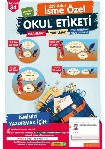 Okul Etiketi Prenses Elena Kalem Defter Etiketi Özel Isim Yazılabilen Etiket Seti - Isim Etiketi -T563-OE34
