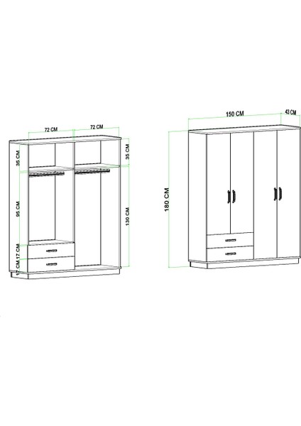Erna 4 Kapak 2 Çekmeceli Gardırop Atlantik Çam
