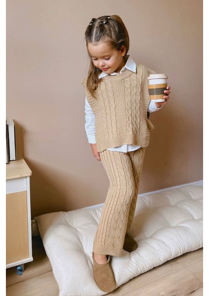 Sarmal Çizgi Detaylı Gömlekli Bağlamalı 3 Lü Triko takım - Camel