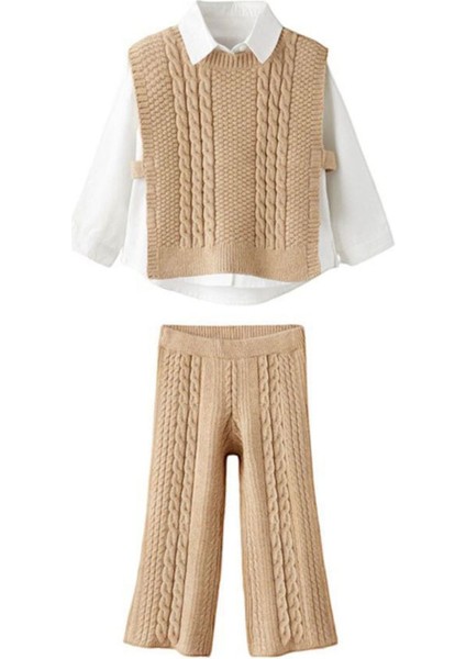 Sarmal Çizgi Detaylı Gömlekli Bağlamalı 3 Lü Triko takım - Camel fiyatları