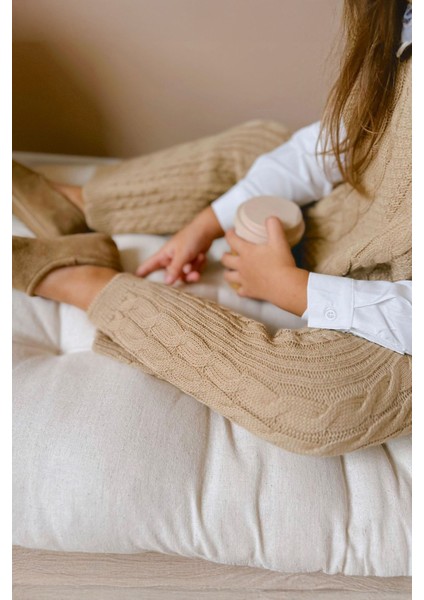 Sarmal Çizgi Detaylı Gömlekli Bağlamalı 3 Lü Triko takım - Camel modelleri