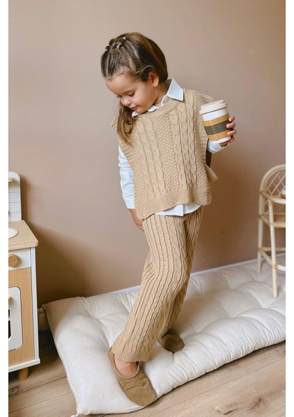 Sarmal Çizgi Detaylı Gömlekli Bağlamalı 3 Lü Triko takım - Camel fırsatları