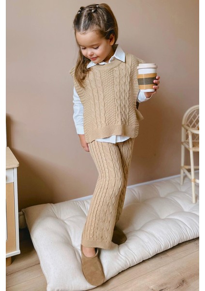 Sarmal Çizgi Detaylı Gömlekli Bağlamalı 3 Lü Triko takım - Camel indirimleri