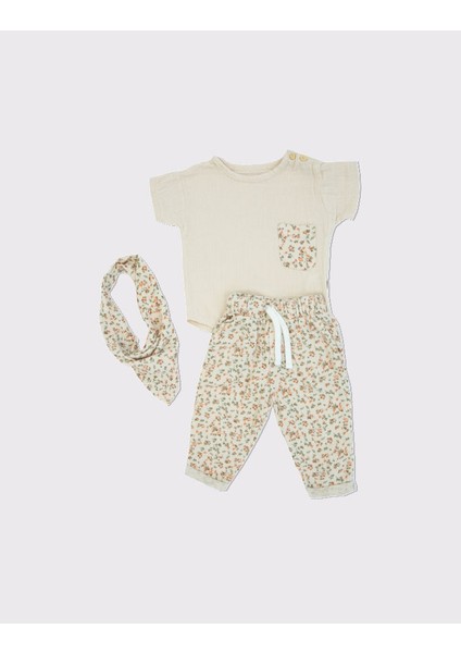 Bebek Organik Müslin Kumaş T-Shirt, Eşofman ve Puşi 3'lü Set