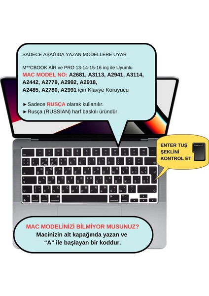 Rusça Klavye Macbook Air-Pro Koruyucu (Touchbarsız) A2681 A3113, A2941 A3114, A2442 A2779 A2992 A2918, A2485 A2780 A2991 ile Uyumlu