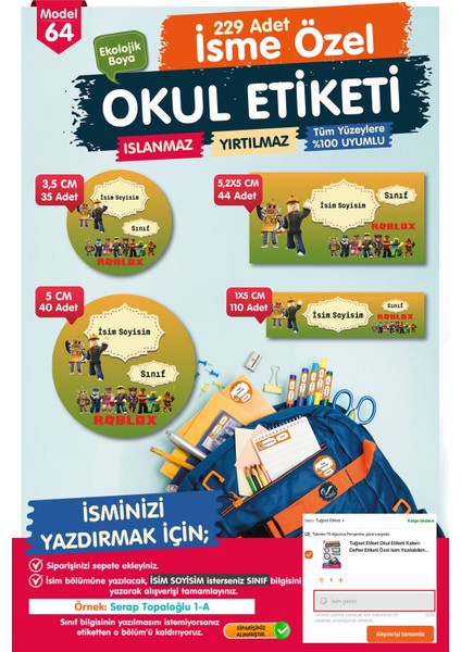 Okul Etiketi Roblo x Kalem Defter Etiketi Özel Isim Yazılabilen Etiket Seti