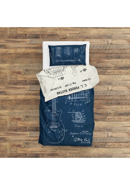 Gibson Les Paul Navyblue & Fender Stratocaster Ivory Çift Taraflı Nevresim Takımı - 200 Cm X 220 Cm