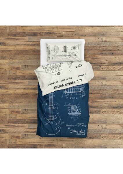 Gibson Les Paul Navyblue & Fender Stratocaster Ivory Çift Taraflı Nevresim Takımı - 200 Cm X 220 Cm