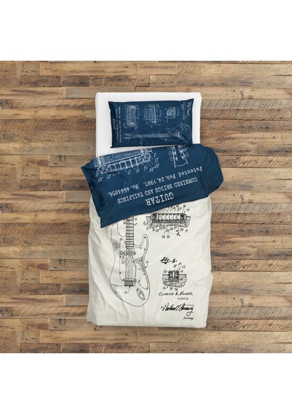 Gibson Les Paul Navyblue & Fender Stratocaster Ivory Çift Taraflı Nevresim Takımı - 200 Cm X 220 Cm