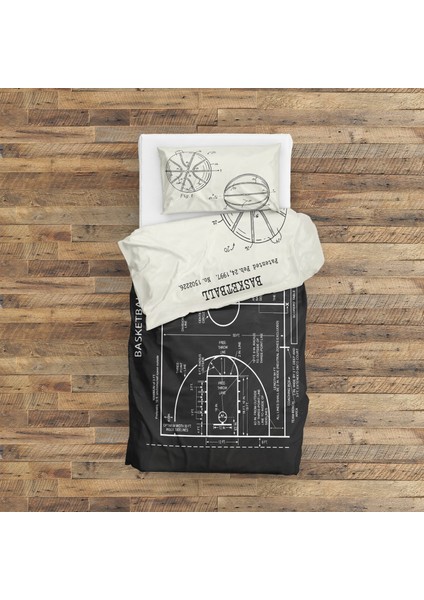 Basketball Court Chalkboard & Basketball Ivory Çift Taraflı Nevresim Takımı - 200 Cm X 220 Cm