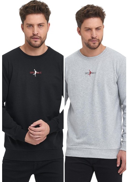 Siyah-Gri Erkek Supermagic Göğüs Baskılı Basic 2'li Sweatshirt