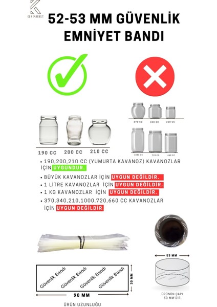 Standart Kavanoz Güvenlik Emniyet Bandı 100 Adet, 52-53MM Ağız Çapına UYGUN,90X30MM Boyut, Baskılı