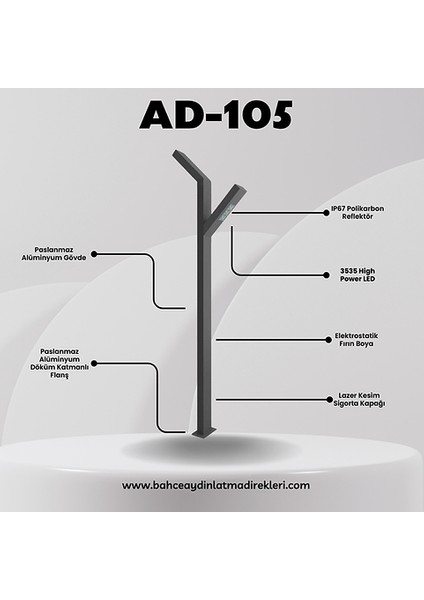 Özel Reflektörlü Bahçe Aydınlatma Direği Antrasit AD105