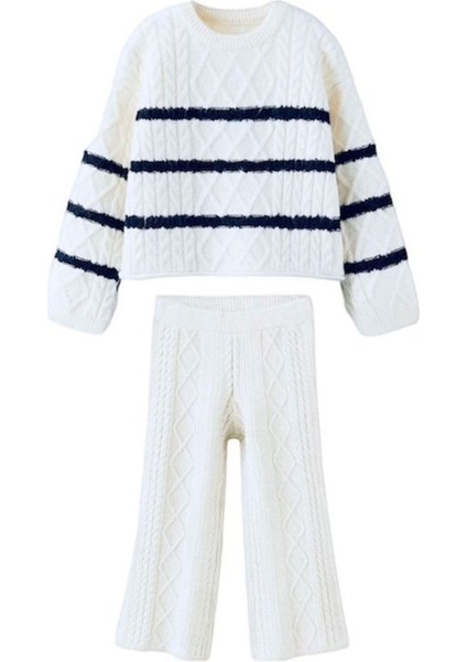 Sarmal Çizgi Detaylı 2 Li Triko takım - Kremlacivert fiyatları