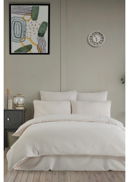 Emboss Ivory Çift Kişilik Saten Nevresim Takımı