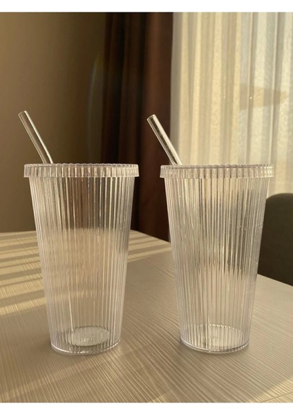 2 Adet 600 ml Mika Kapaklı Pipetli Origami Stil Mika Bardak | Sunum Bardağı Meşrubat Bardağı