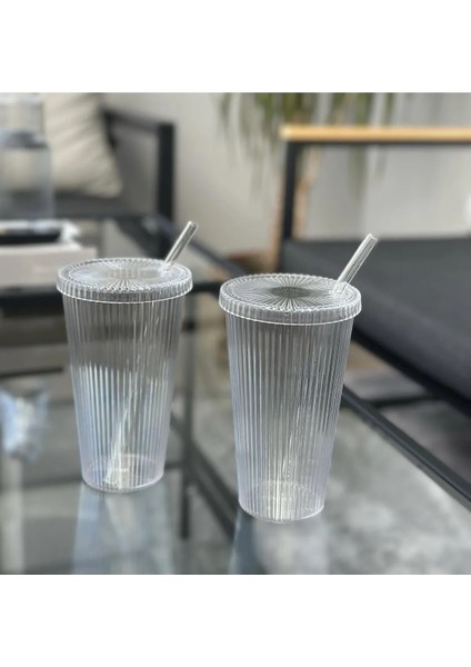 2 Adet 600 ml Mika Kapaklı Pipetli Origami Stil Mika Bardak | Sunum Bardağı Meşrubat Bardağı