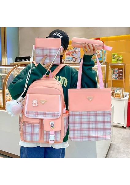 Love Home Kız Sırt Küçük Taze Ekose Büyük Kapasiteli Ilkokul Okul Dört Parçalı Set Ortaokul Sırt Çantası (Yurt Dışından)